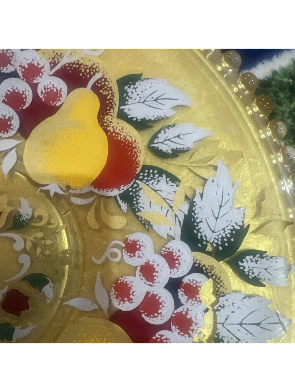 Goofus glass, early 20th century vintage yellow-tinted pressed glass